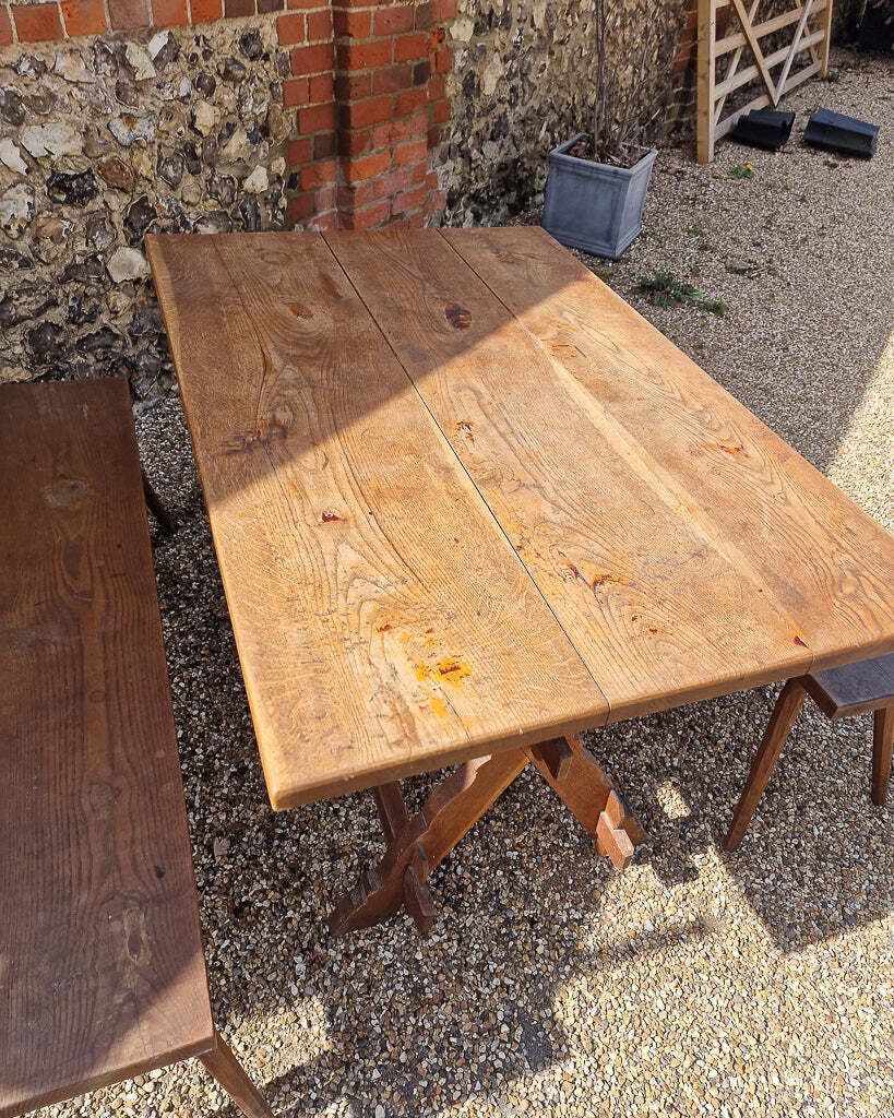 photo furniture Rustic German Oak Trestle Table & Bench Set