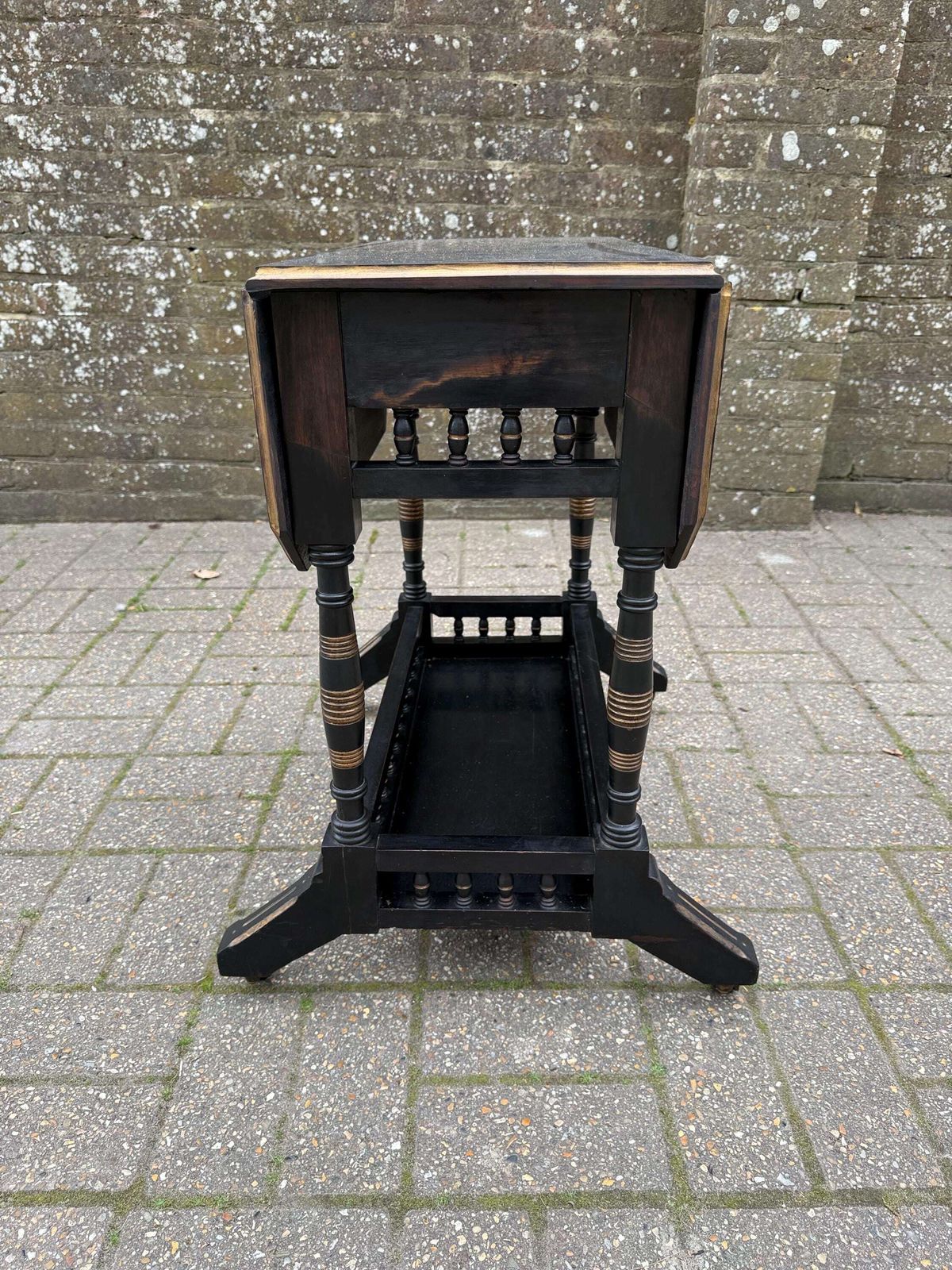 Vintage Chinoiserie Oriental Style Drop Leaf Table, Early 20th Century Ebonised Folding Side Table, Victorian Style On Castors photo for sale