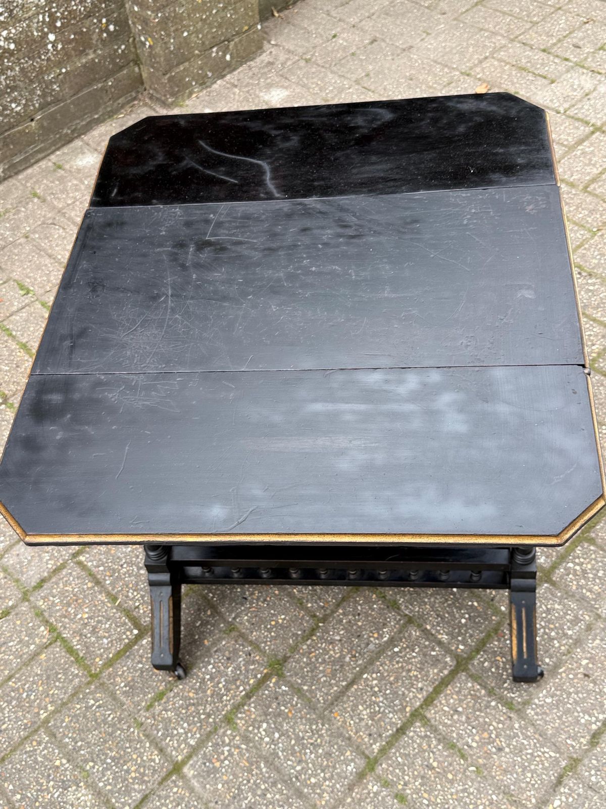 Vintage Chinoiserie Oriental Style Drop Leaf Table, Early 20th Century Ebonised Folding Side Table, Victorian Style On Castors photo 295.0
