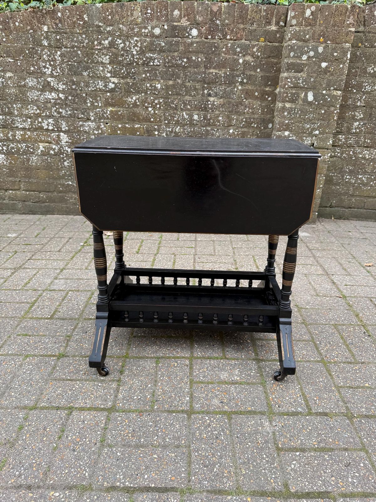 photo for sale Vintage Chinoiserie Oriental Style Drop Leaf Table, Early 20th Century Ebonised Folding Side Table, Victorian Style On Castors