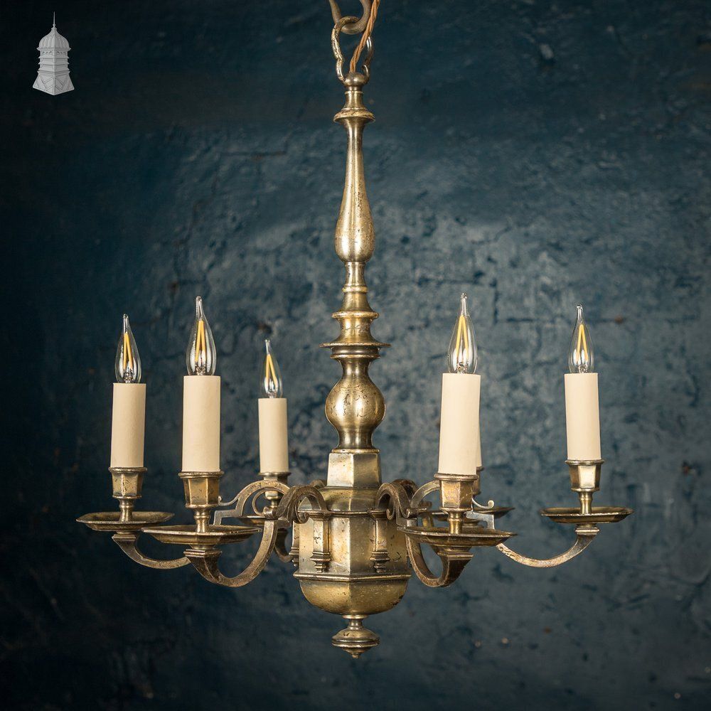 photo for sale Antique Brass Six Light Candle Chandelier