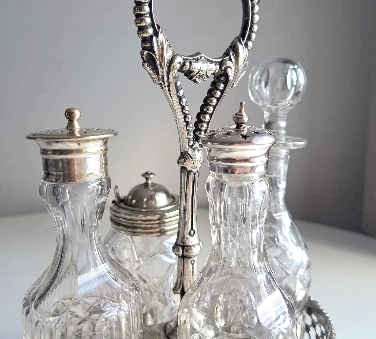 Home Decor Antique English Silver Plate Cruet Stand & 4 Cut Glass Condiment Bottles, Belle Epoque photo