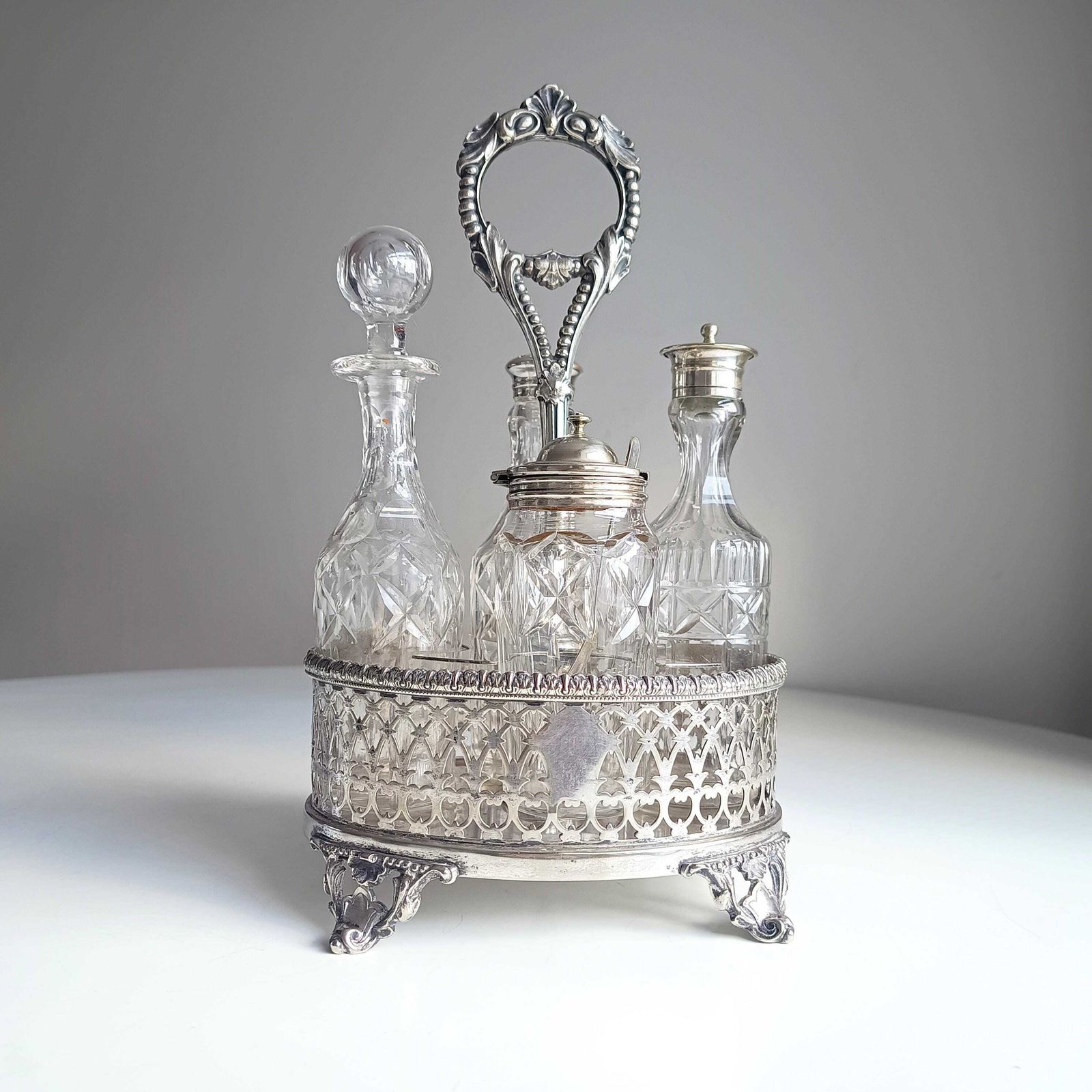 Antique English Silver Plate Cruet Stand & 4 Cut Glass Condiment Bottles, Belle Epoque