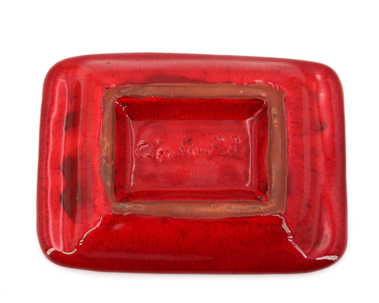 French Rectangular Red Ceramic Dish Or Tray By Jean And Robert Cloutier, 1970s / Frères, Brothers, Home Decor, Jewelry Bowl, France, Art photo vinterior