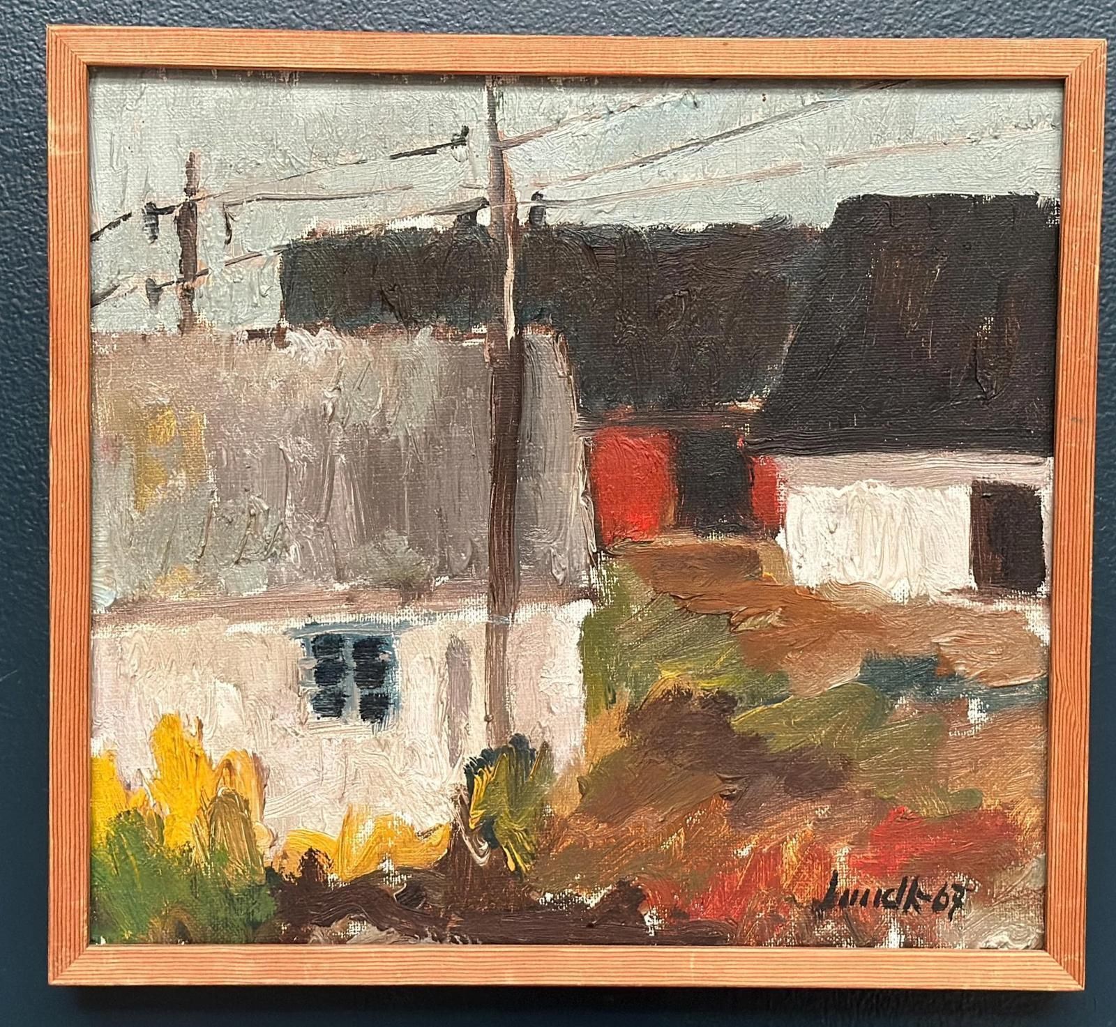 Original Mid Century Swedish Oil On Canvas – “Among The Houses” By Karl Bertil Lundh –1967 – Vintage & Framed – 32 × 35 Cm (12.6" × 13.8") photo furniture