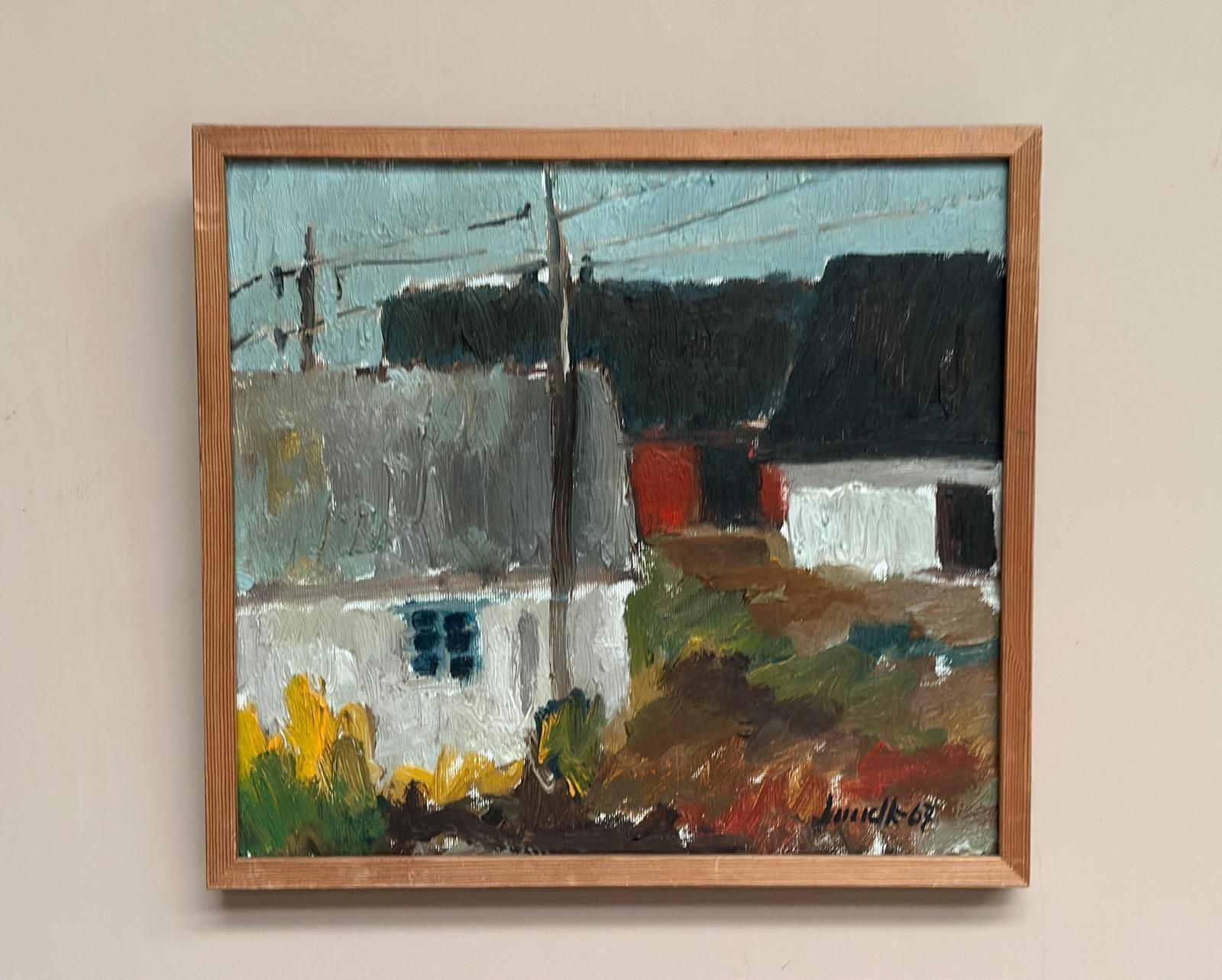 photo vinterior Original Mid Century Swedish Oil On Canvas – “Among The Houses” By Karl Bertil Lundh –1967 – Vintage & Framed – 32 × 35 Cm (12.6" × 13.8")