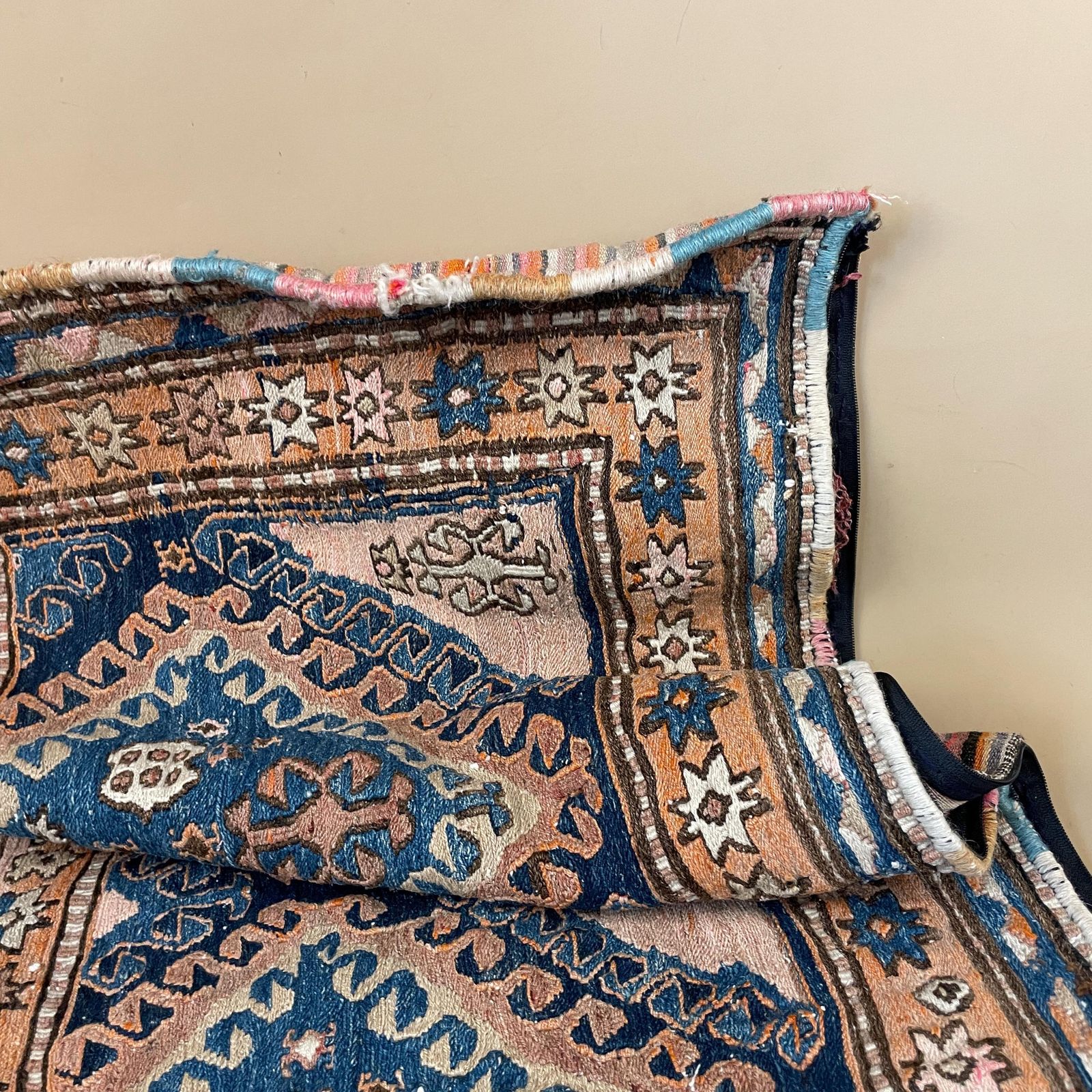 photo for sale Blue Pink Cushion Cover Large Kilim Style Pillow Geometric Handwoven Rug Textile Middle Eastern Pillow Cover Sofa Decor Accent Pillow