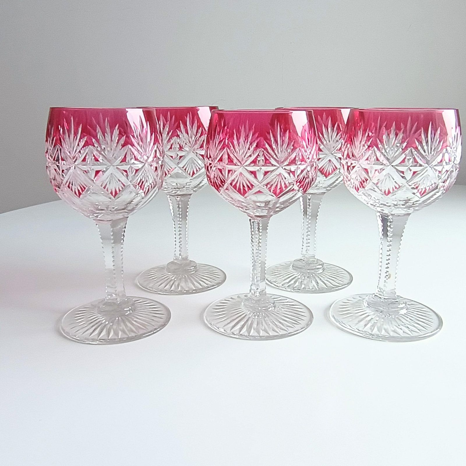 Art Deco English Cut Crystal Wine Glasses: 5 Strawberry Pink, Walsh Walsh, Birmingham 1930s photo furniture