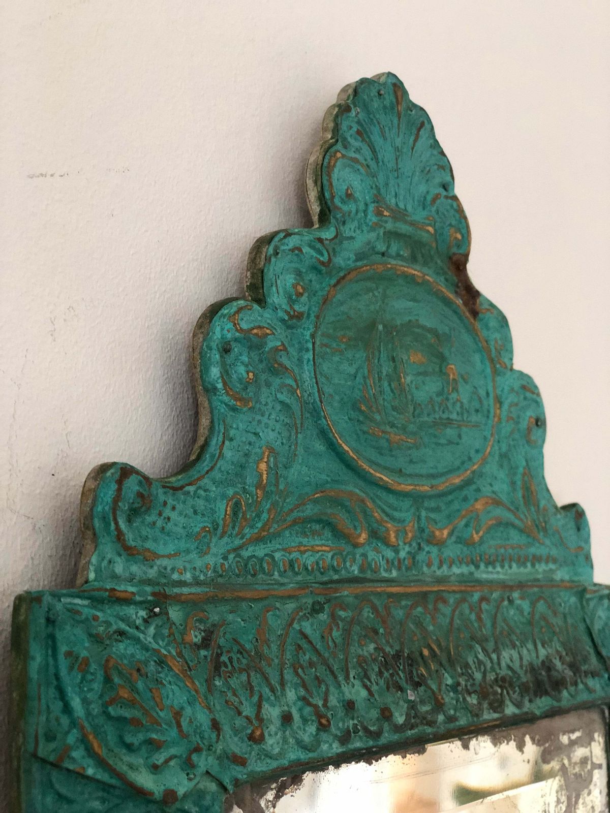 Antique Embossed Pressed Metal (Tole) Mirror With A Green Patina Finish And Gilt Highlights Rococo photo furniture