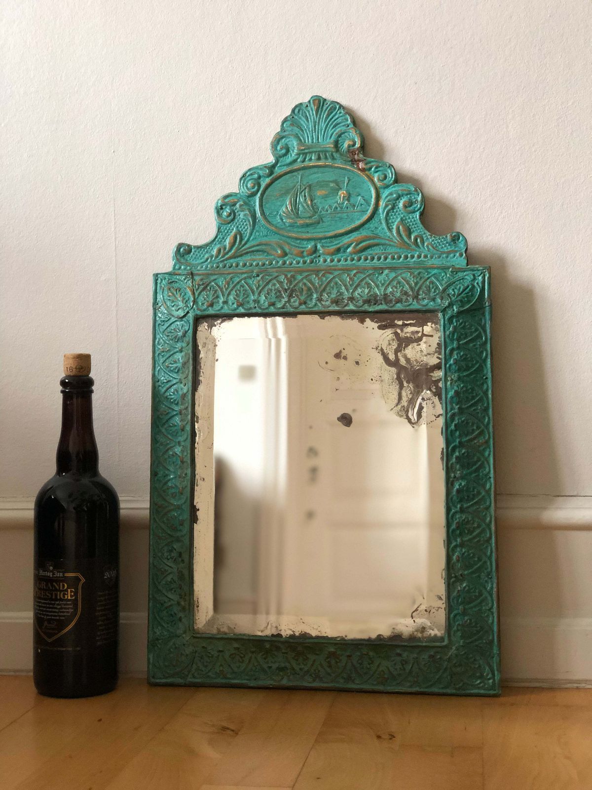 Antique Embossed Pressed Metal (Tole) Mirror With A Green Patina Finish And Gilt Highlights Rococo photo vintage