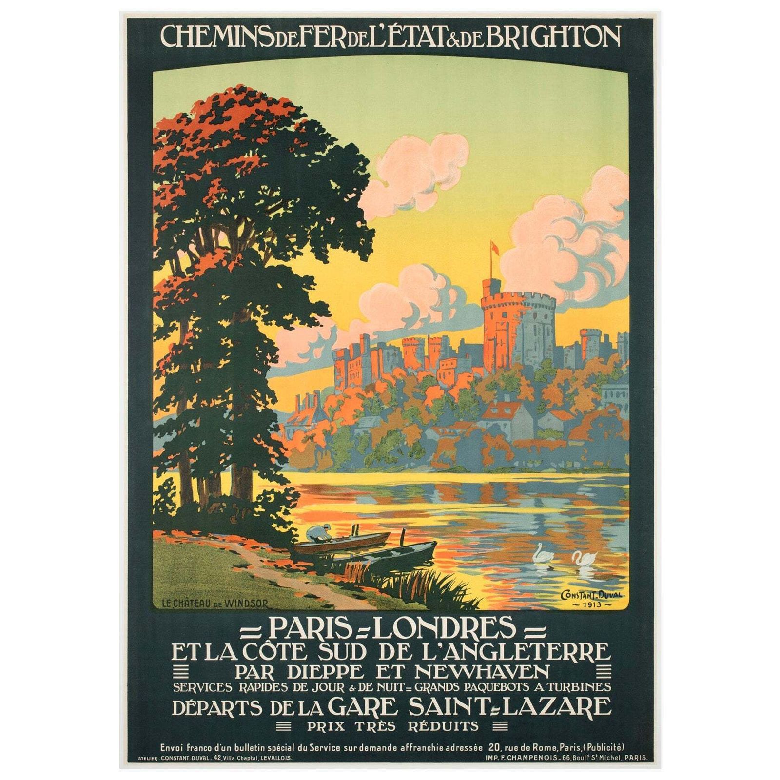 Affiche publicitaire de voyage en train Windsor Castle vers 1913, Constant Duval