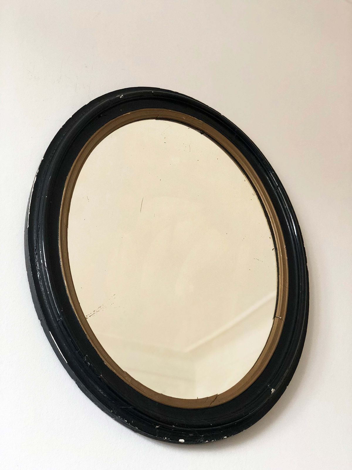 Large Antique French Louis Philippe Oval Mirror – Black And Gold, Late 19th Century photo buy