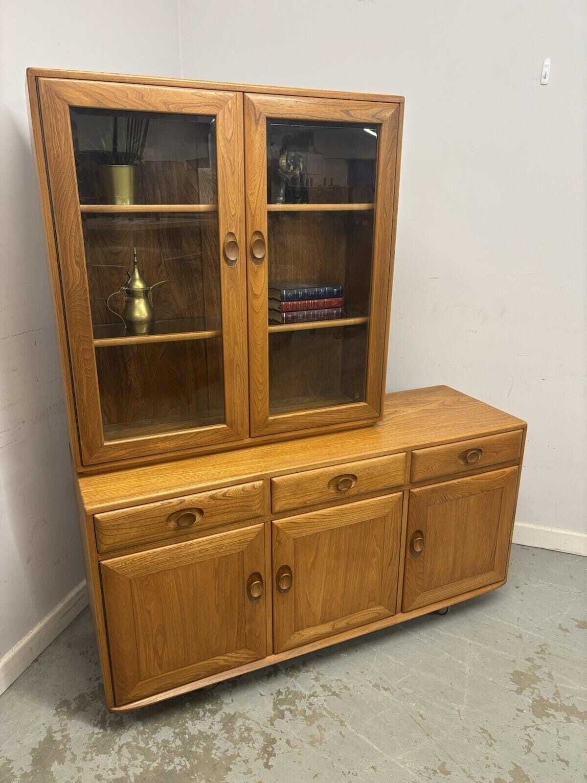 Ercol Windsor Elm Sideboard With Glazed Display Top On Castors – Vintage Cabinet photo furniture