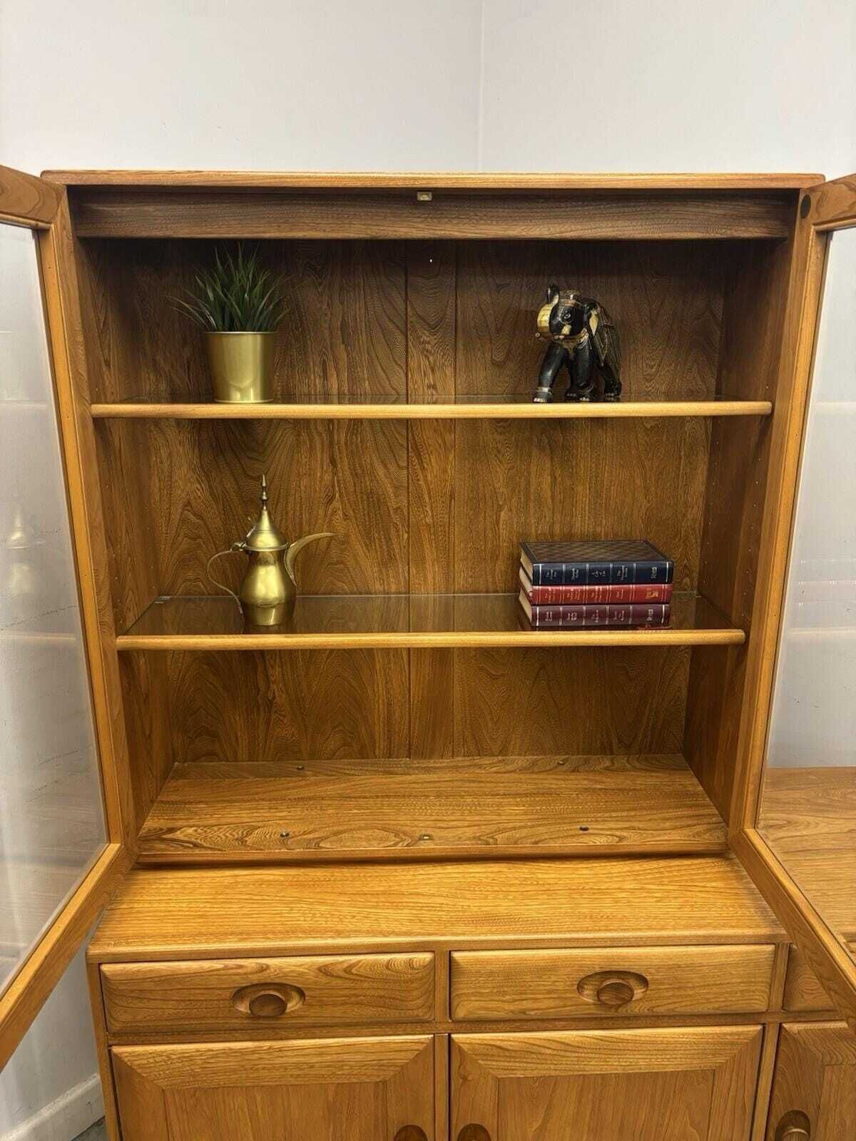 Ercol Windsor Elm Sideboard With Glazed Display Top On Castors – Vintage Cabinet photo buy