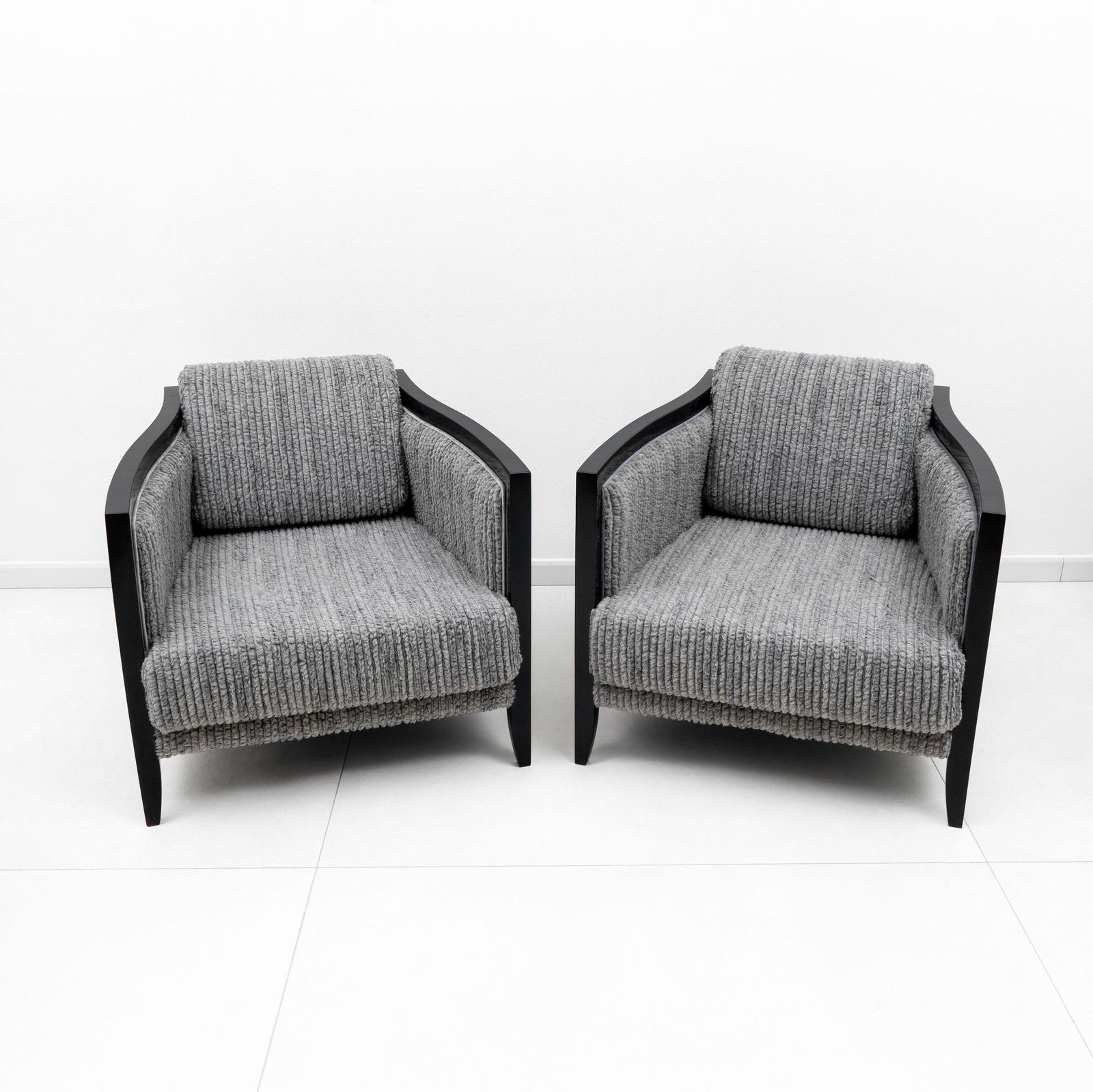 Pair Of Italian Art Deco Style Armchairs Black Lacquered Wood And Ribbed Velvet photo furniture