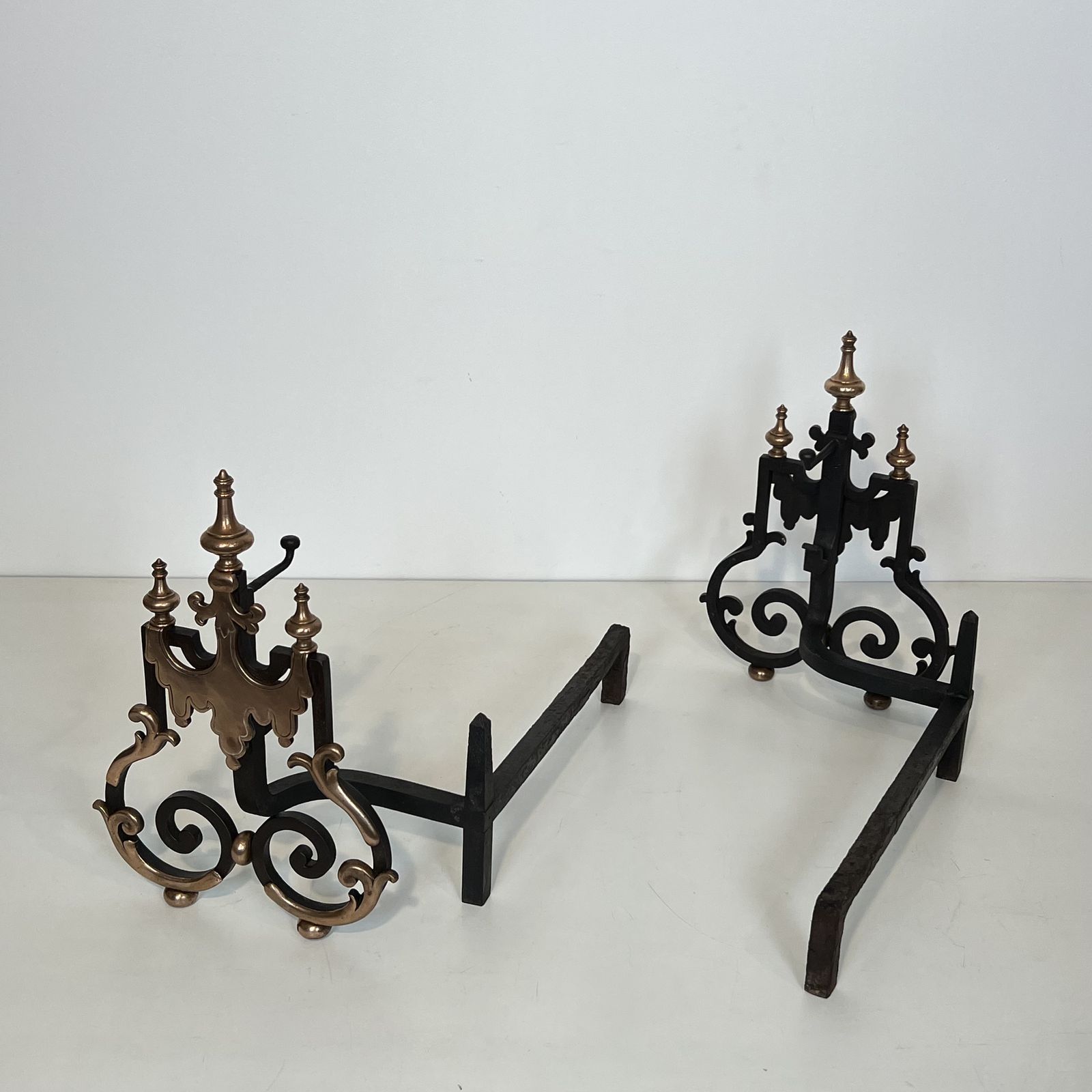Important Pair Of Wrought Iron And Copper Andirons photo vintage