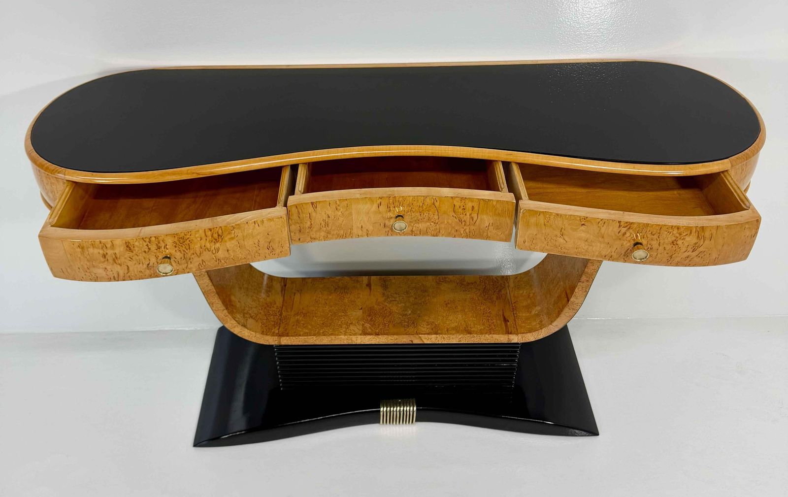 6966.0 Italian Art Deco Console In Birch Burl And Black Lacquer, Attr. To Borsani, 40s photo