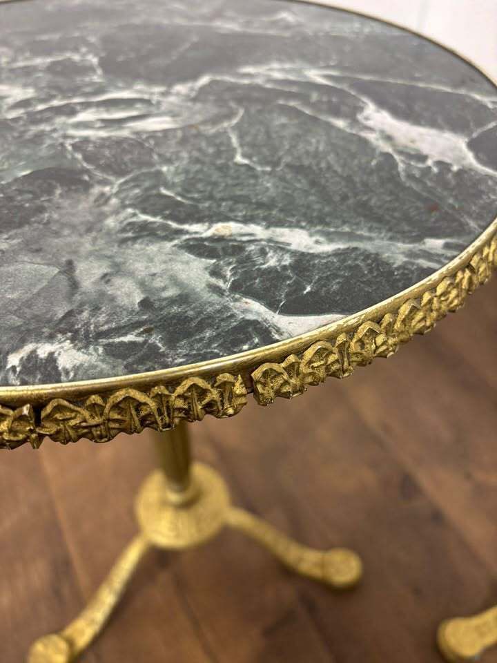 Pair Of Circular Gilt Based Tripod Wine Tables With Faux Marble Tops photo furniture