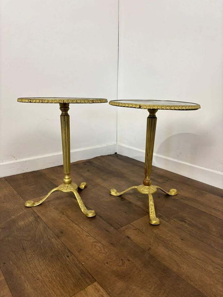Pair Of Circular Gilt Based Tripod Wine Tables With Faux Marble Tops photo vinterior