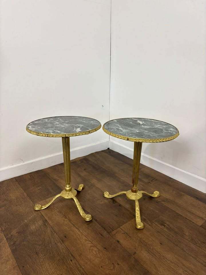 Pair Of Circular Gilt Based Tripod Wine Tables With Faux Marble Tops