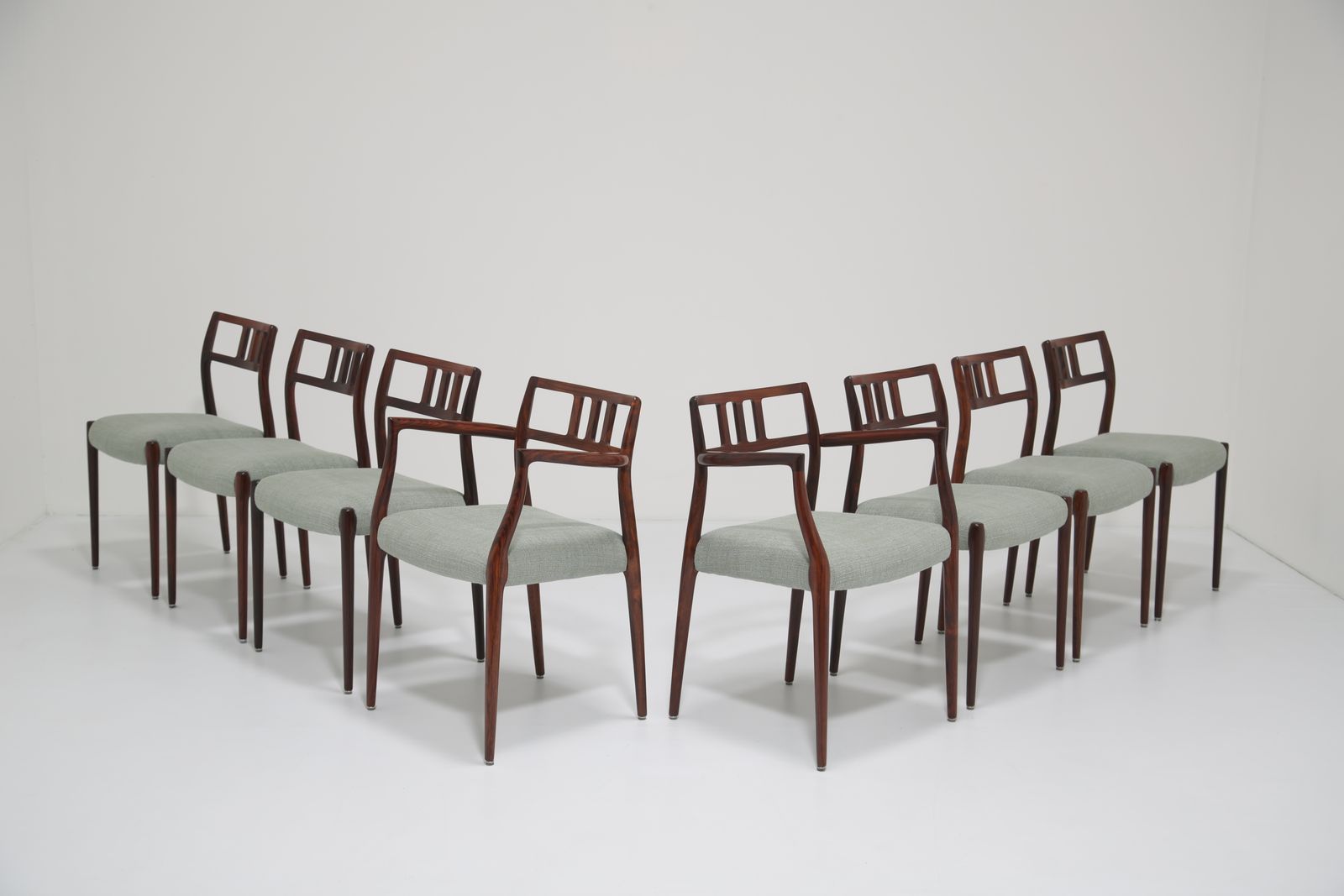 Chaises de salle à manger Niels Otto Moller Model 64 & 79, lot de 8, en palissandre massif et lin naturel pour J.L. Mollers Mobelfabrik, années 1960