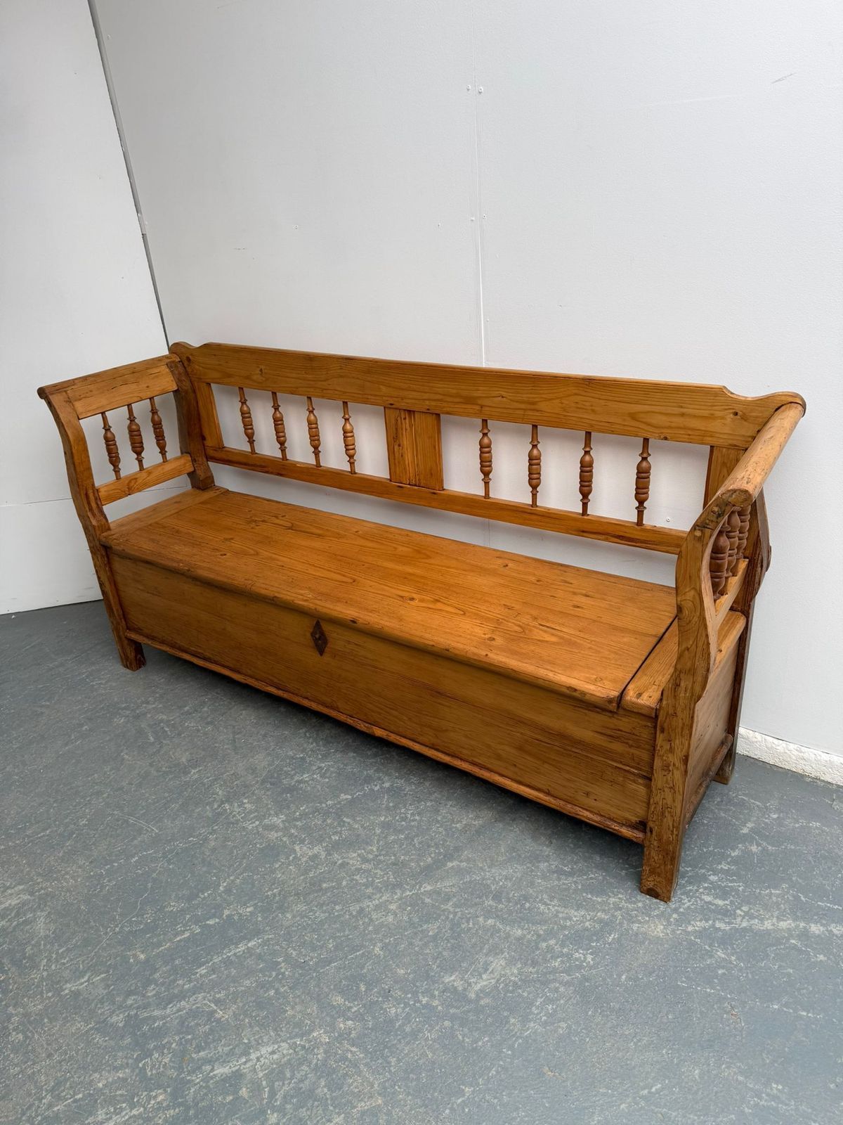 A Lovely Original Hungarian Antique Pine Waxed Spindled 2/3 Seater Bench