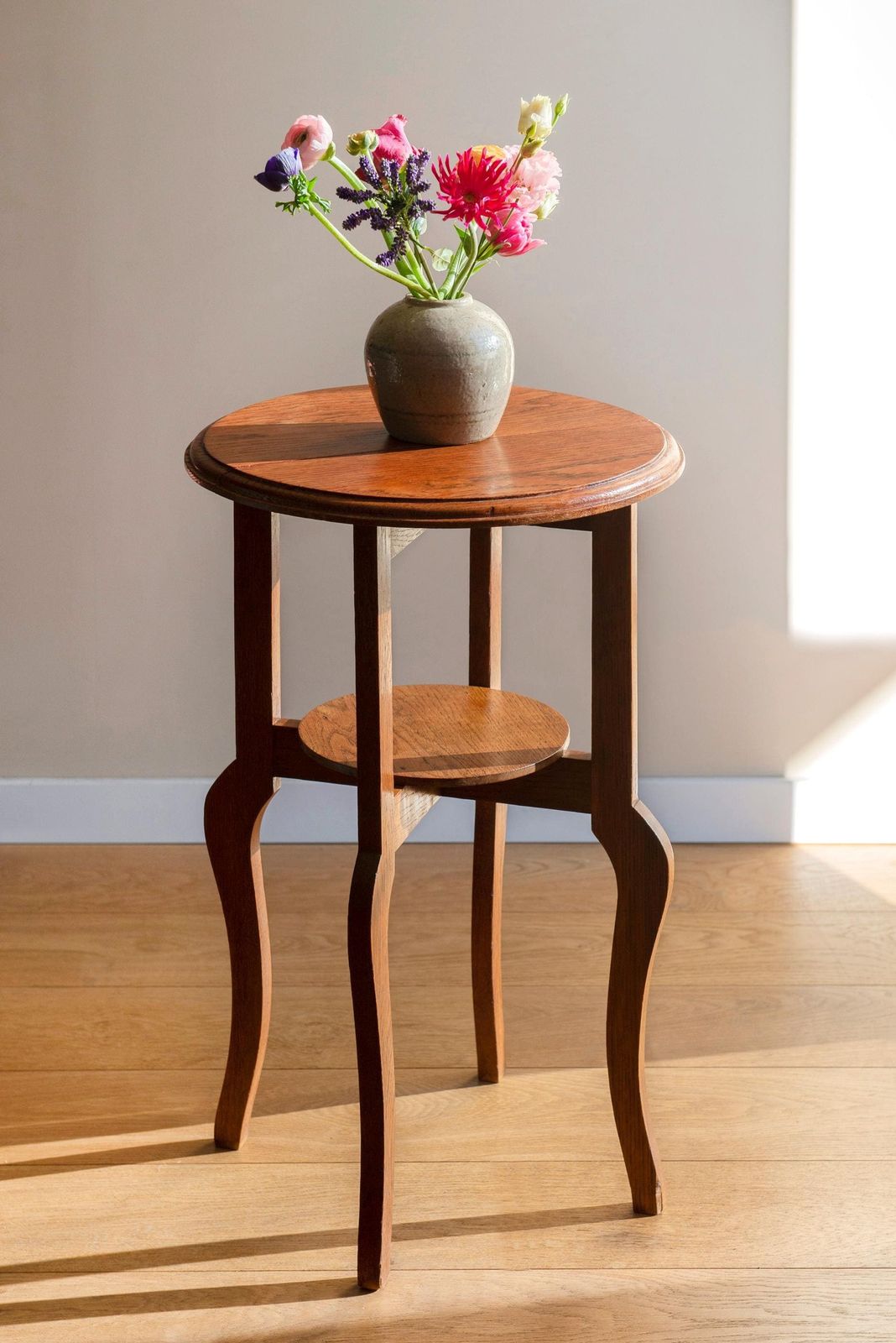Art Deco Round Side Table   Solid Oak Two Tier Plant Stand   Vintage Dutch Tall Accent Table photo furniture