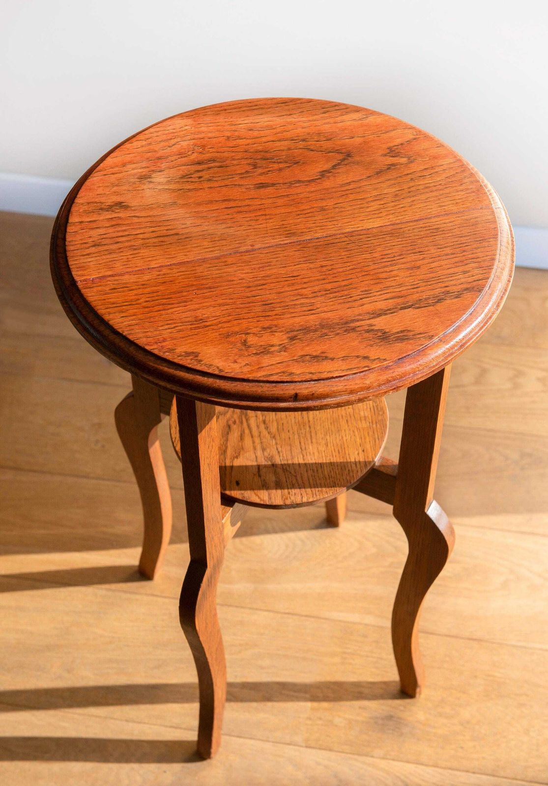 Art Deco Round Side Table   Solid Oak Two Tier Plant Stand   Vintage Dutch Tall Accent Table photo for sale