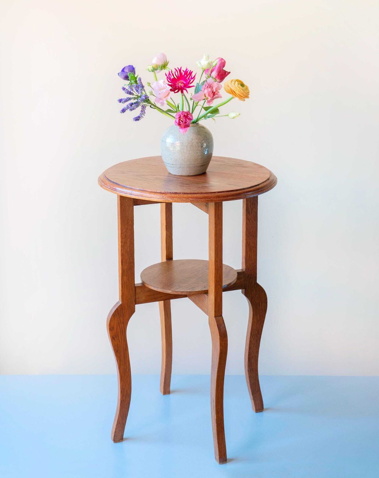 Art Deco Round Side Table   Solid Oak Two Tier Plant Stand   Vintage Dutch Tall Accent Table photo 466.0