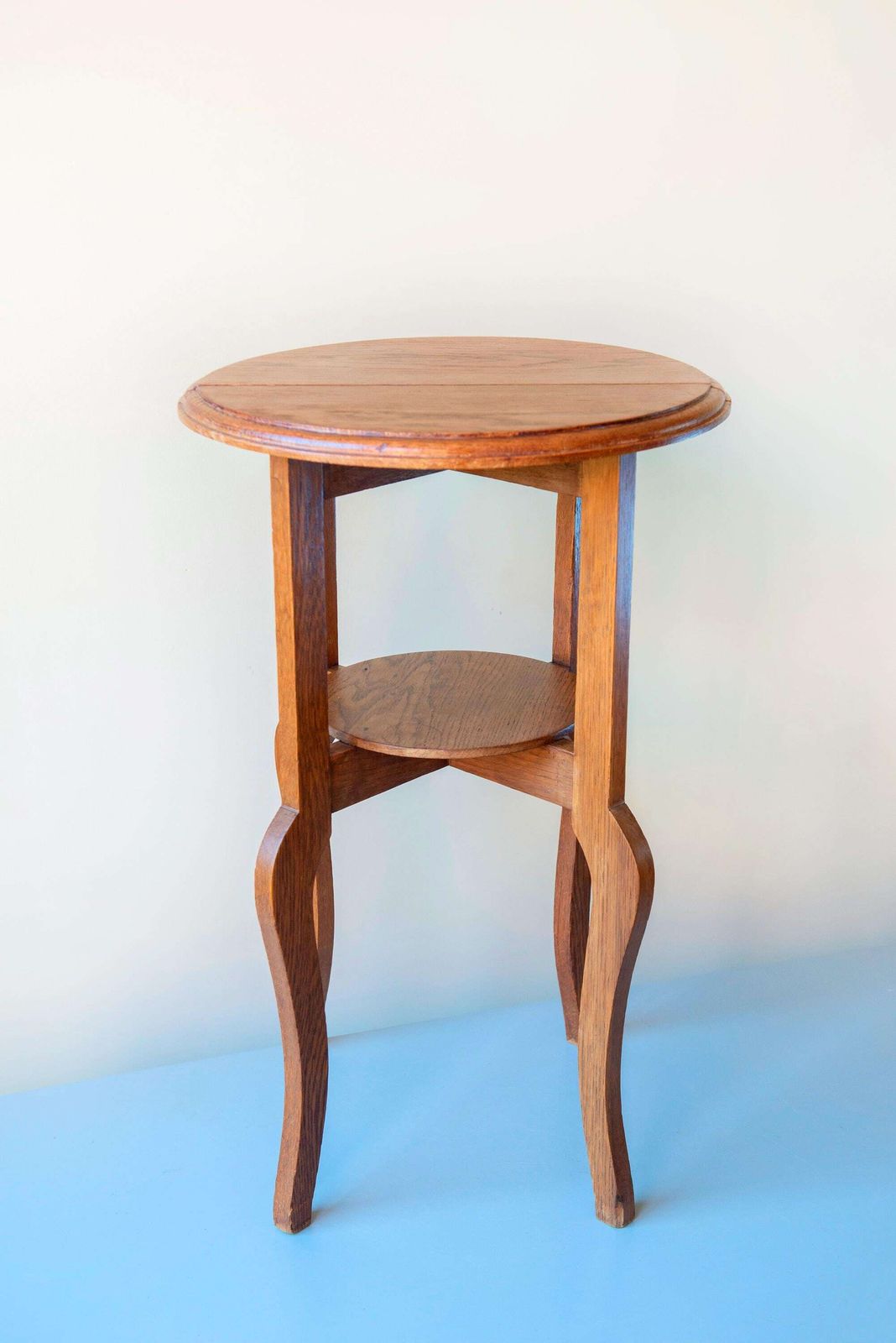 Art Deco Round Side Table   Solid Oak Two Tier Plant Stand   Vintage Dutch Tall Accent Table photo vintage