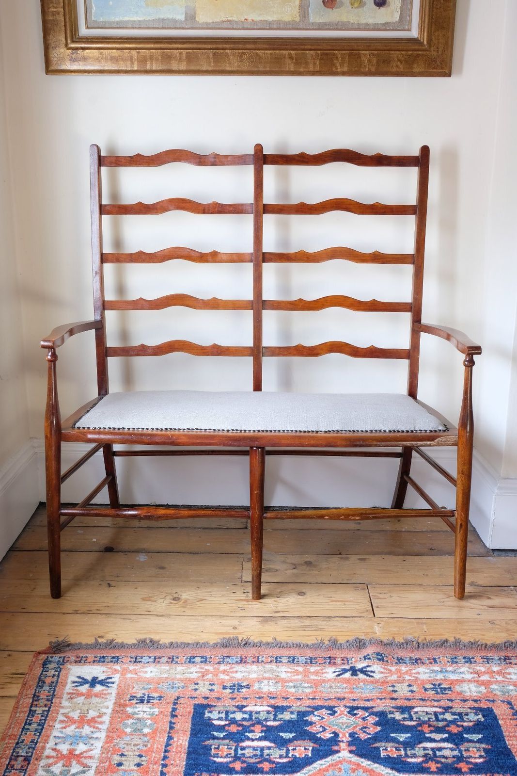 19th Century English Beech Ladder Back Bench With Horsehair Seat photo for sale