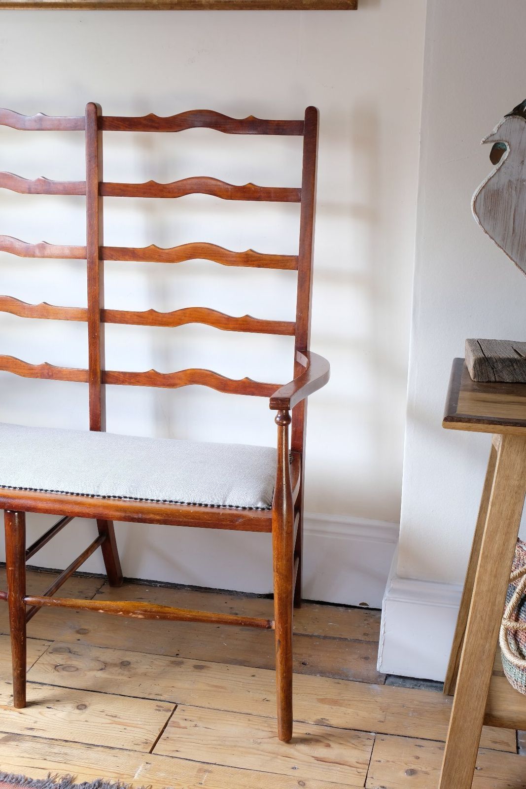 19th Century English Beech Ladder Back Bench With Horsehair Seat photo 1050.0