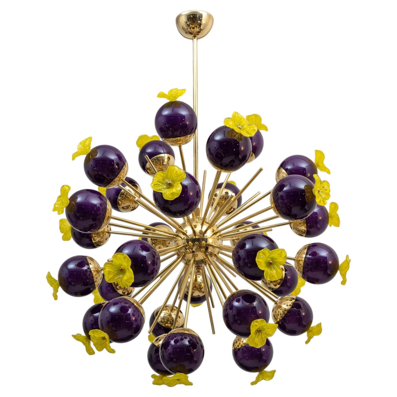 Italian Murano Glass And Brass Sputnik Chandelier, Yellow And Purple Spheres