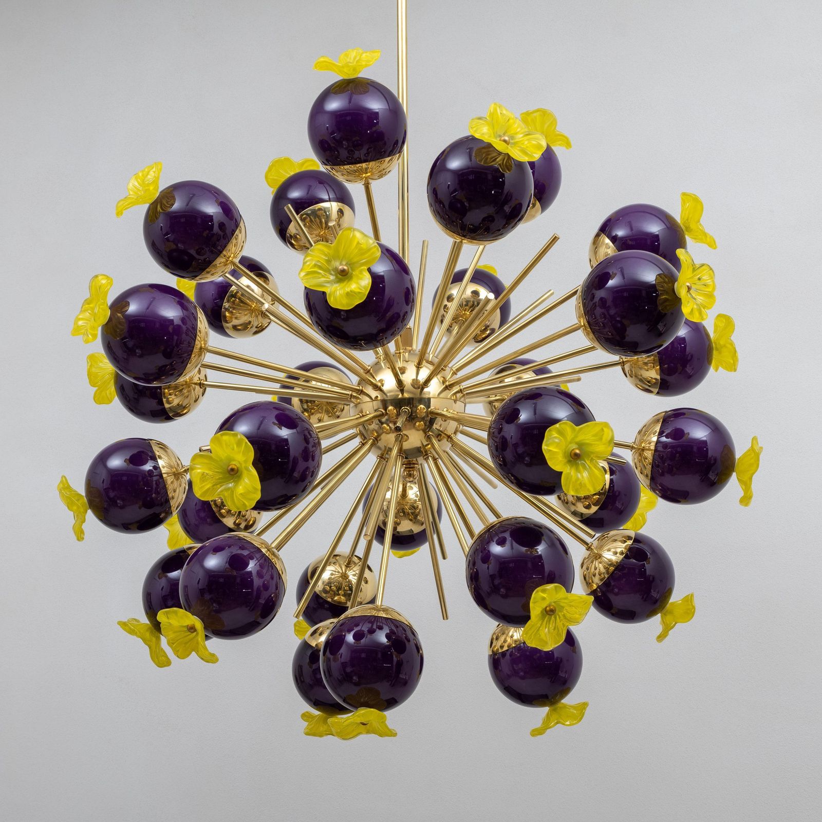 Italian Murano Glass And Brass Sputnik Chandelier, Yellow And Purple Spheres photo for sale