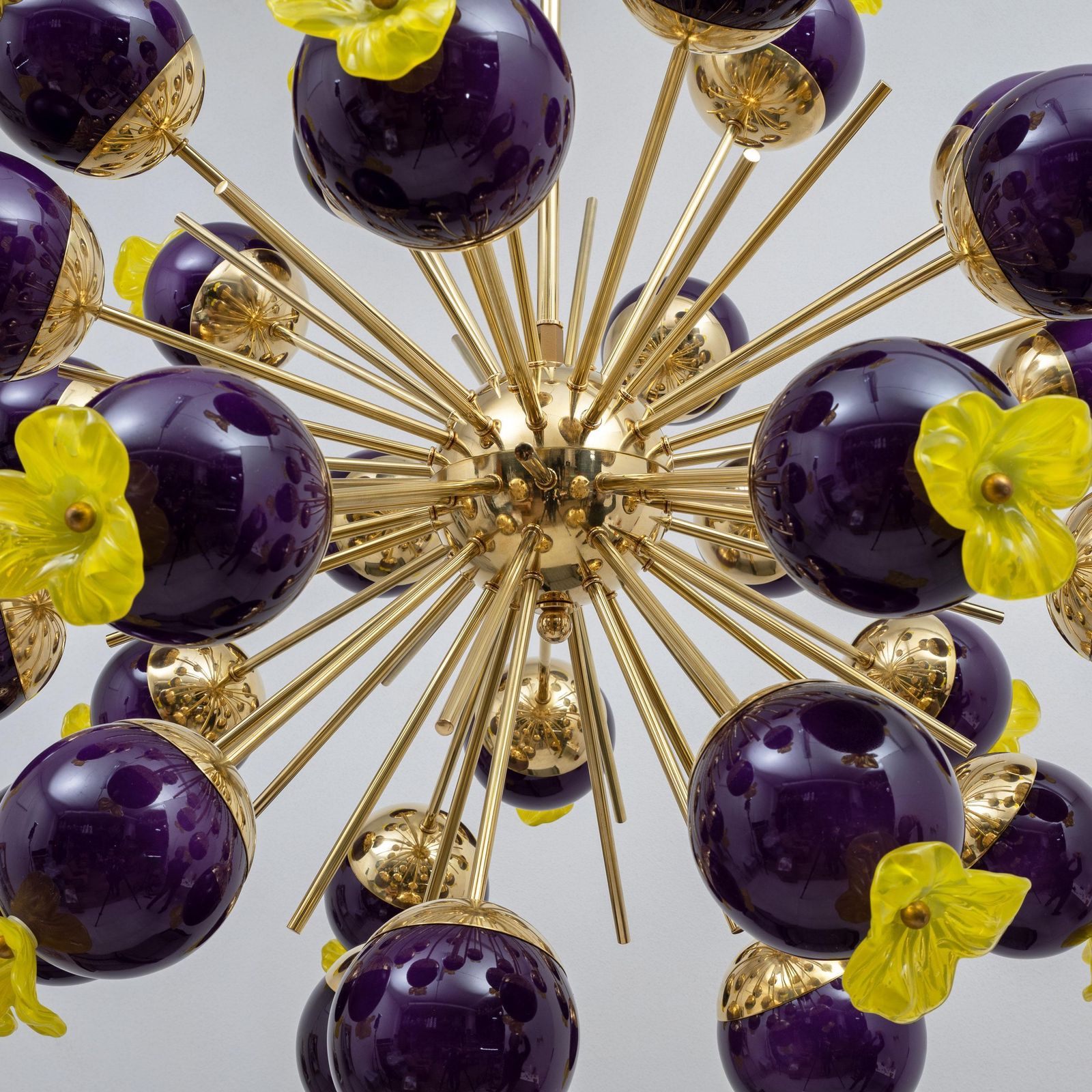 photo for sale Italian Murano Glass And Brass Sputnik Chandelier, Yellow And Purple Spheres