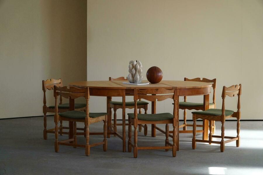 Round Dining Table In Elm Wood With Four Extensions, Danish Cabinetmakre 1950s photo furniture