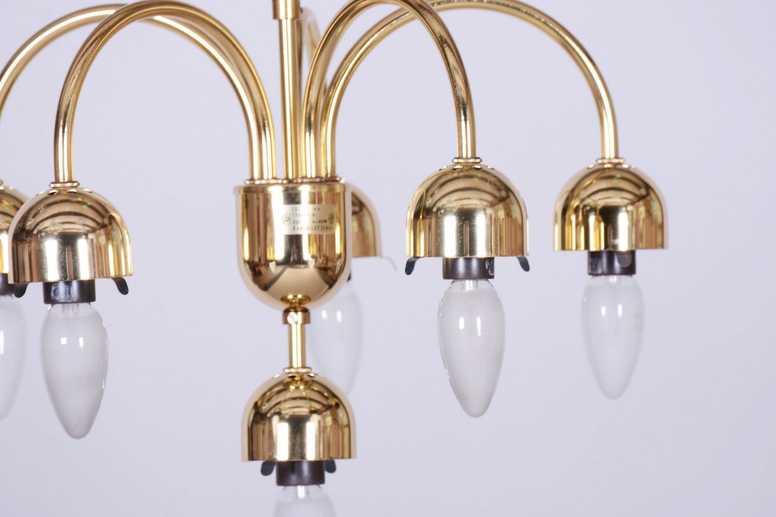 photo vinterior Restored Mid Century Chandelier, Brass, Opaline Glass, Repolished, Czech, 1950s