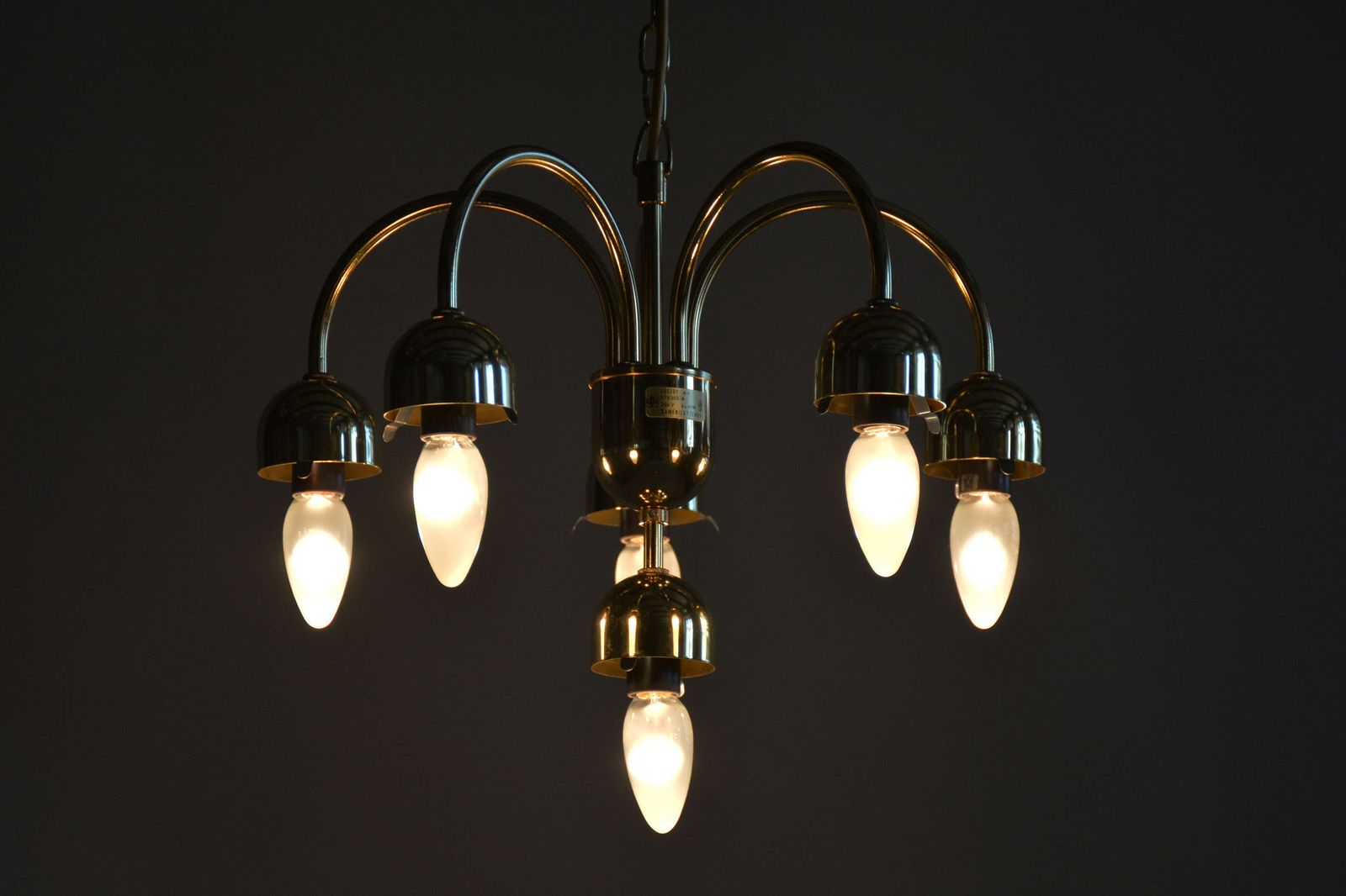 photo vintage Restored Mid Century Chandelier, Brass, Opaline Glass, Repolished, Czech, 1950s