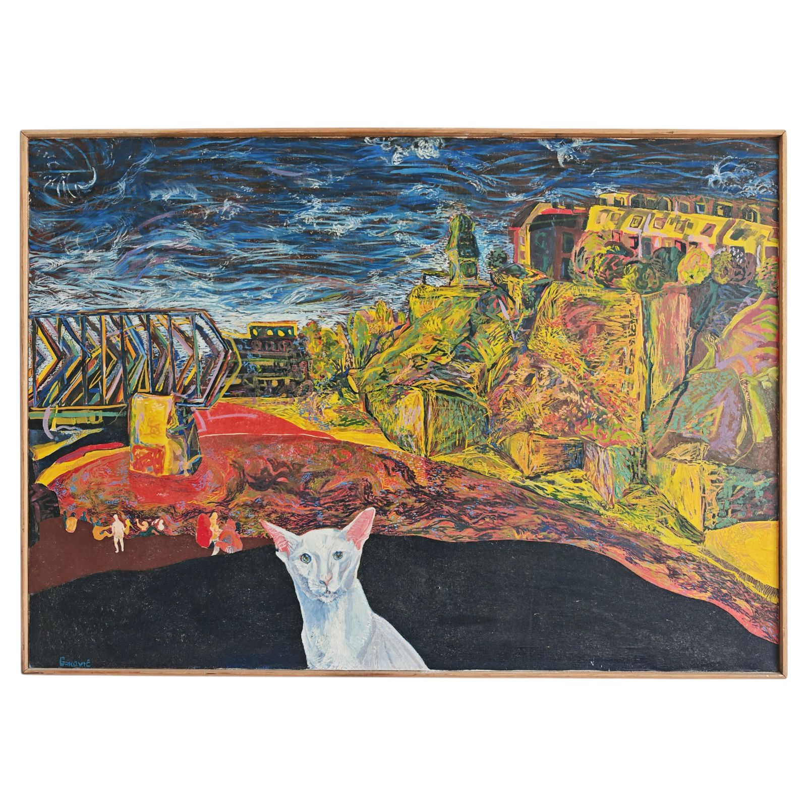 Expressive Urban Landscape With A Cat By Deagoljub Grkovic, Serbia 1990s