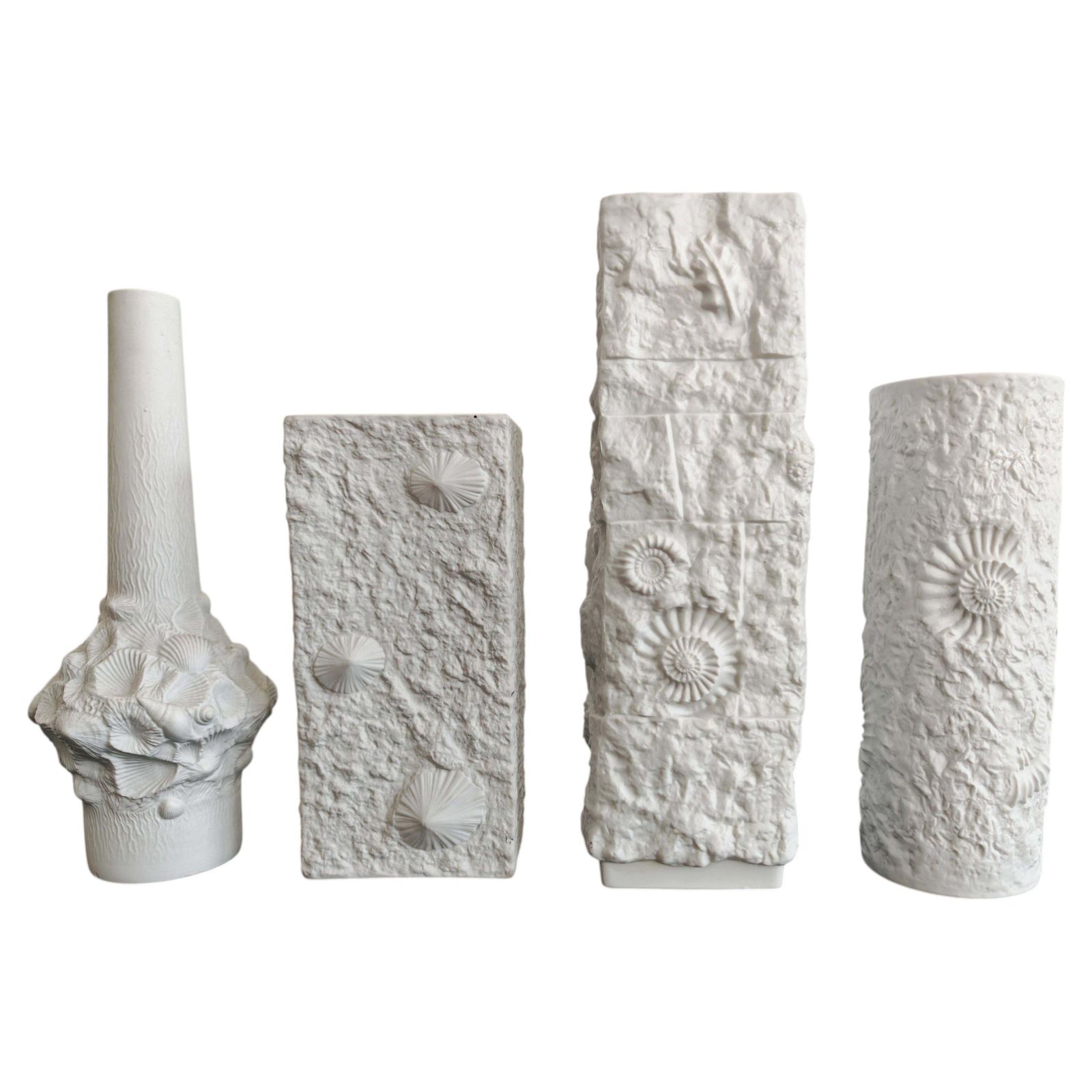 Set Of 4 Bisque Porcelain Vases With Seashell Motives By Kaiser, Germany 1970s