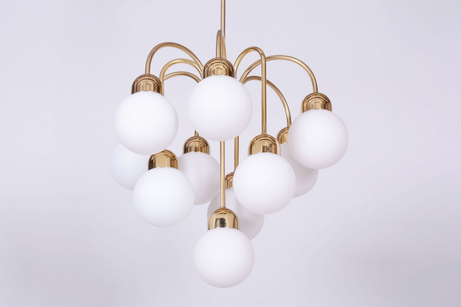 Restored Mid Century Chandelier, Brass, Opaline Glass, Cleaned, Czech, 1950s photo furniture