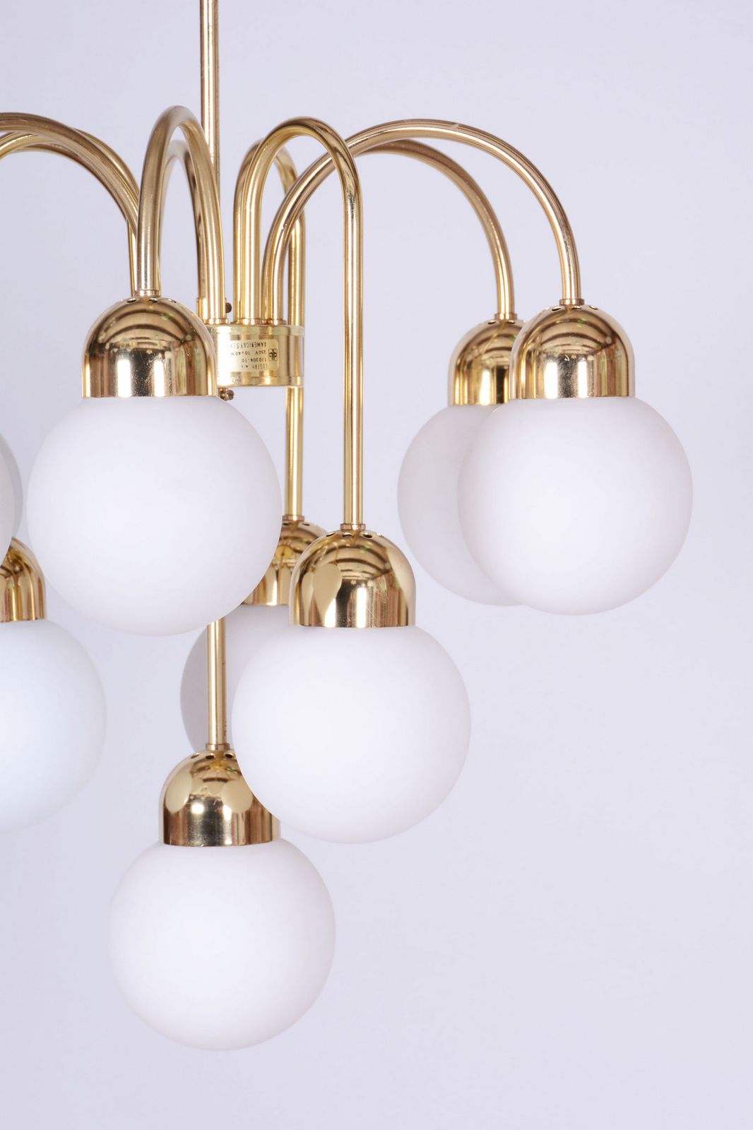 Restored Mid Century Chandelier, Brass, Opaline Glass, Cleaned, Czech, 1950s photo for sale