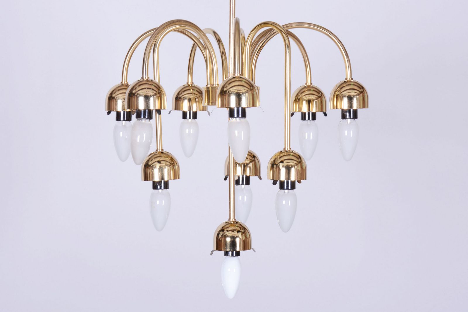 photo vinterior Restored Mid Century Chandelier, Brass, Opaline Glass, Cleaned, Czech, 1950s