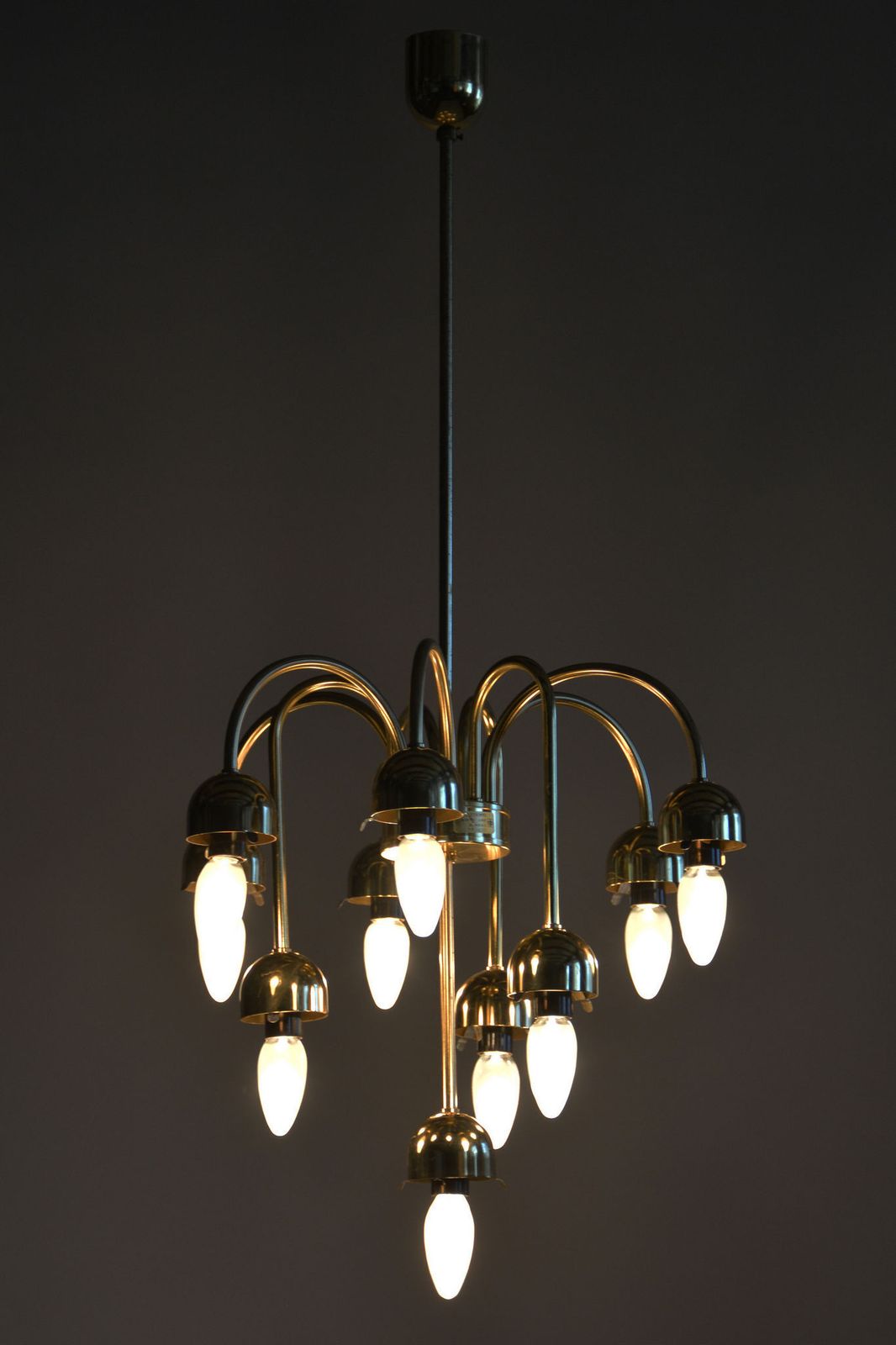 photo buy Restored Mid Century Chandelier, Brass, Opaline Glass, Cleaned, Czech, 1950s