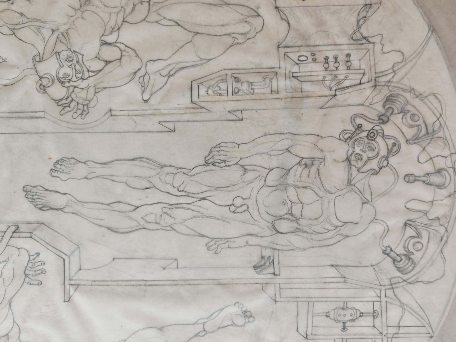 Figurative Composition With Mechanical Motifs, Pencil On Paper By Dusan Gakovic photo for sale
