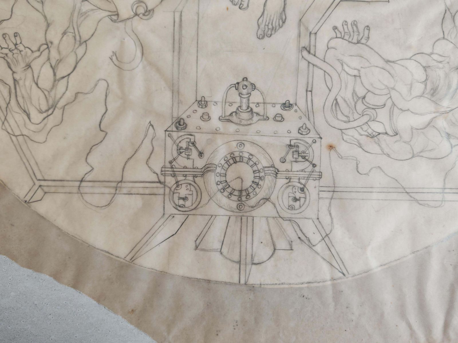 Figurative Composition With Mechanical Motifs, Pencil On Paper By Dusan Gakovic photo 1600.0