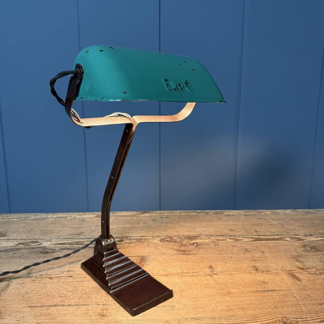 Erpé Bankierslamp Met Turquoise Emaille Kap photo for sale