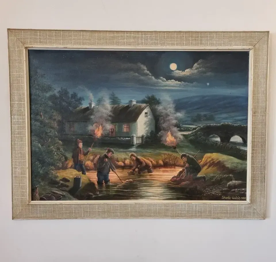 Large Framed Vintage Oil Painting Moonlit Irish Cottage Night River Fishing photo for sale