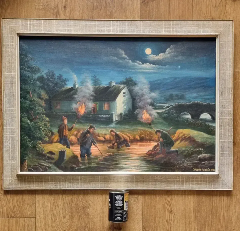 Large Framed Vintage Oil Painting Moonlit Irish Cottage Night River Fishing photo vinterior