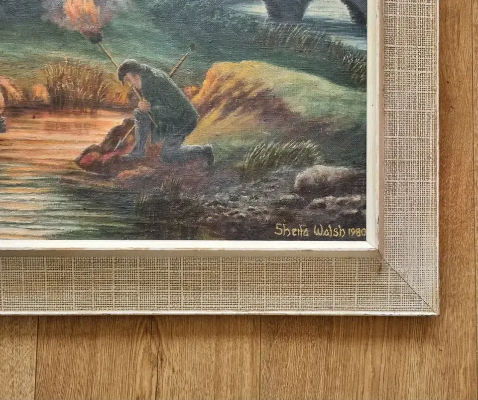 Art Large Framed Vintage Oil Painting Moonlit Irish Cottage Night River Fishing photo